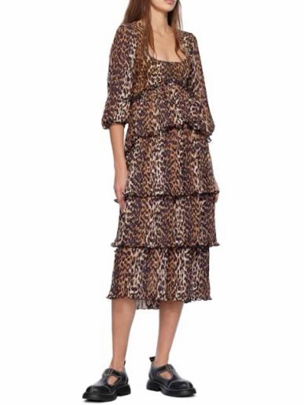 Ganni Tiered Leopard Print Dress in Size 44 (US 14 or XL)